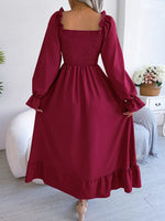 Smocked Square Neck Flounce Sleeve Dress - Ladyez