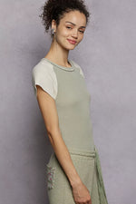 POL Round Neck Outseam Detail T-Shirt with Contrast Color Sleeves