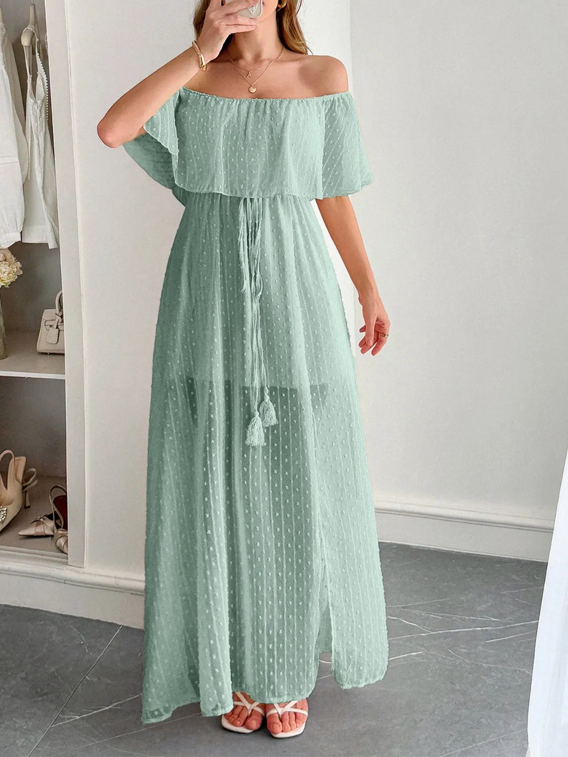 Swiss Dot Off Shoulder Maxi Dress - Ladyez