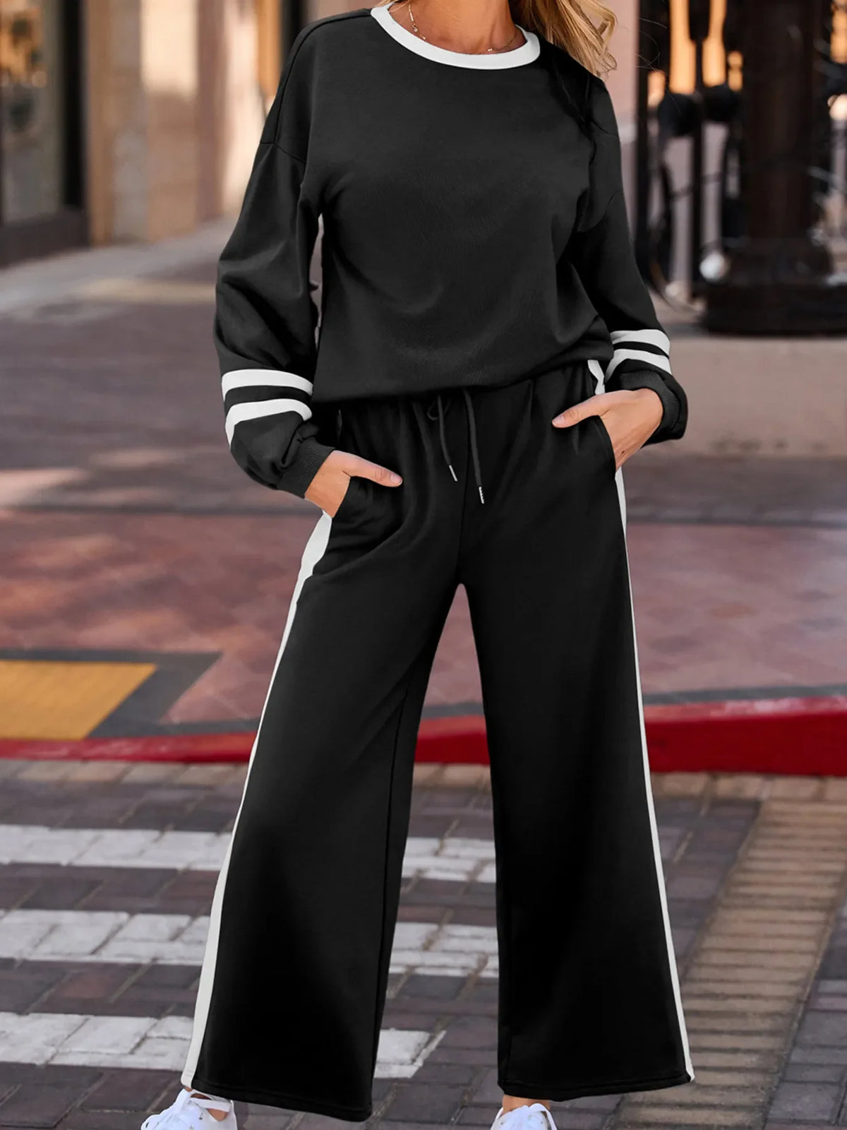 Contrast Trim Round Neck Top and Pants Set