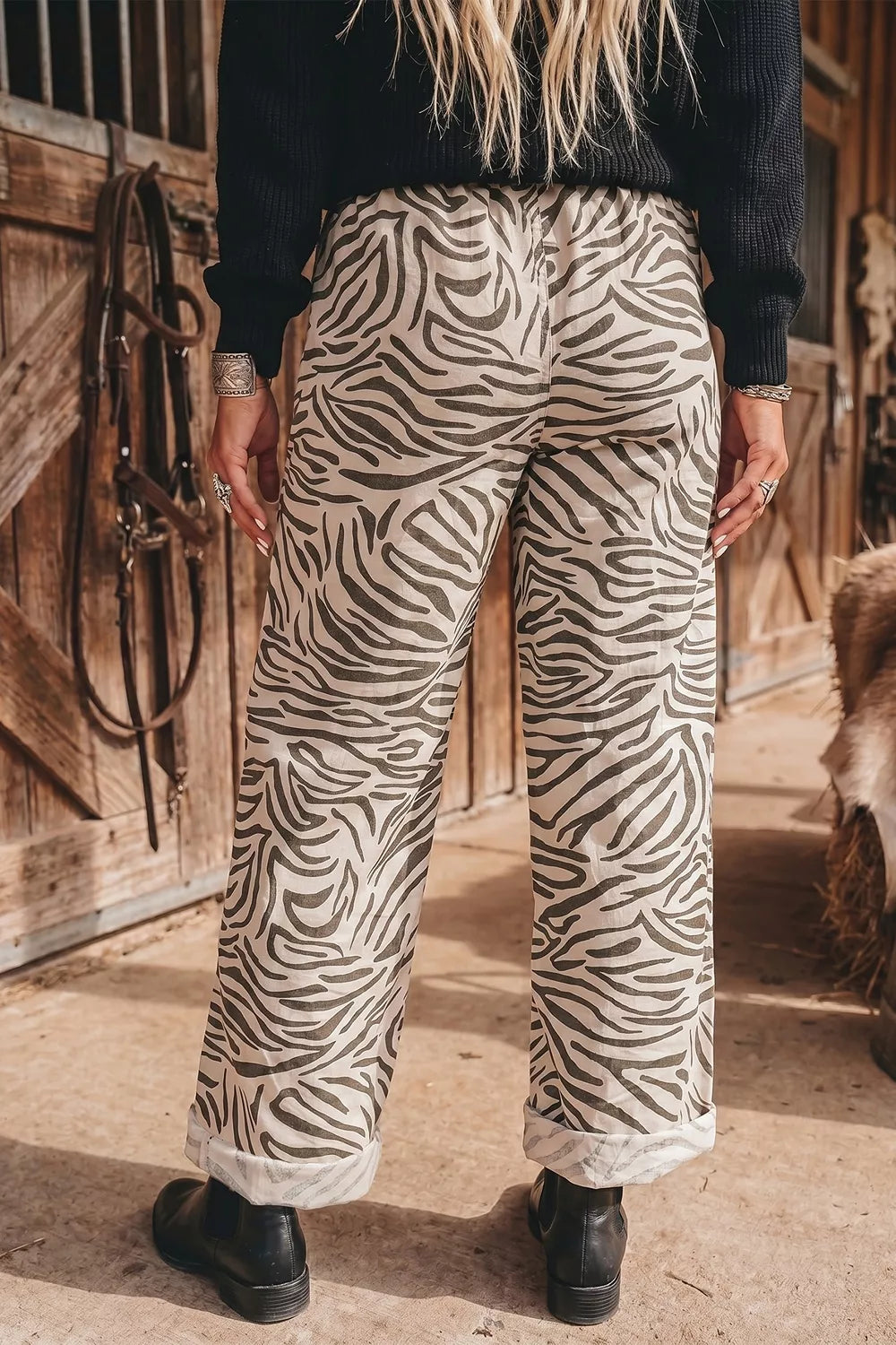 Multicolour Western Print Zebra Pattern Elastic Waist Pocket Pants