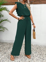 Lace Trim Round Neck Top and Pants Set