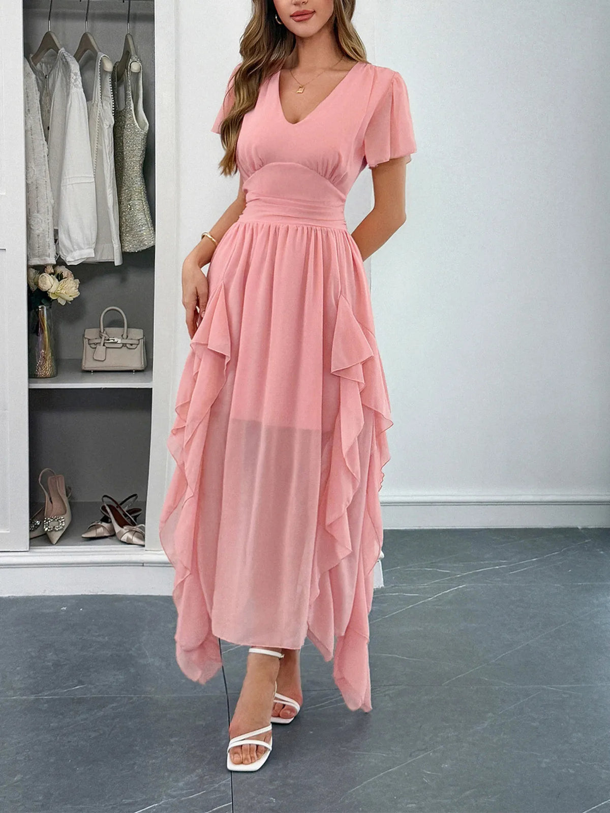 V-Neck Flutter Sleeve Dress - Ladyez