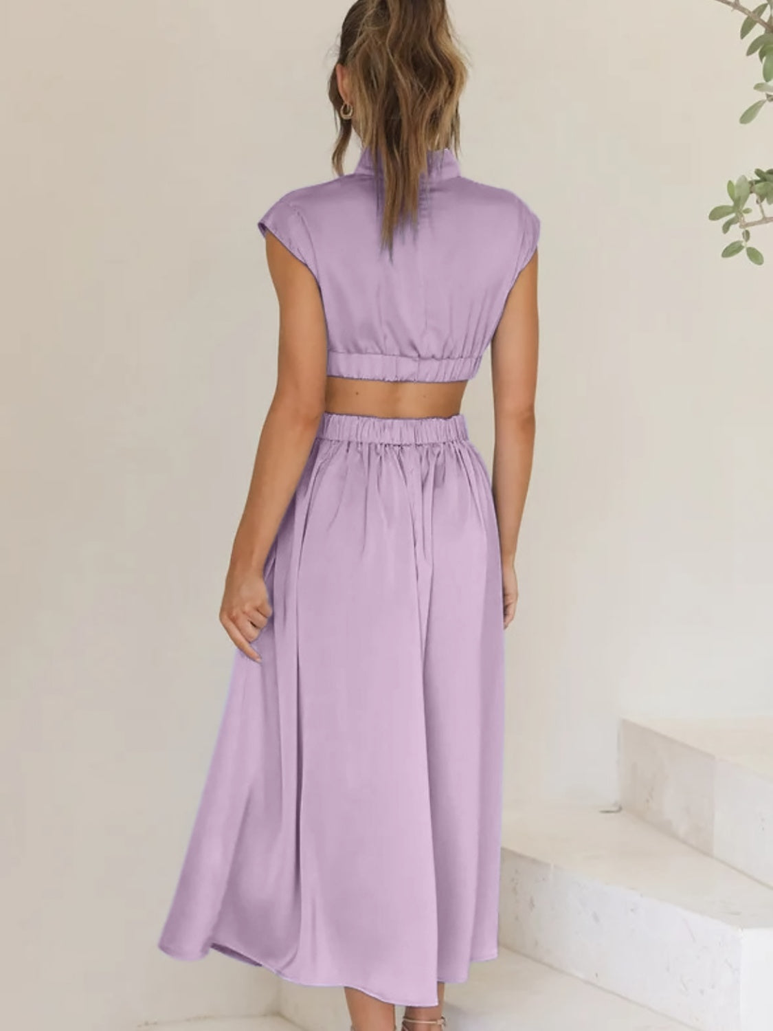 Cutout Mock Neck Sleeveless Ruched Dress - Ladyez