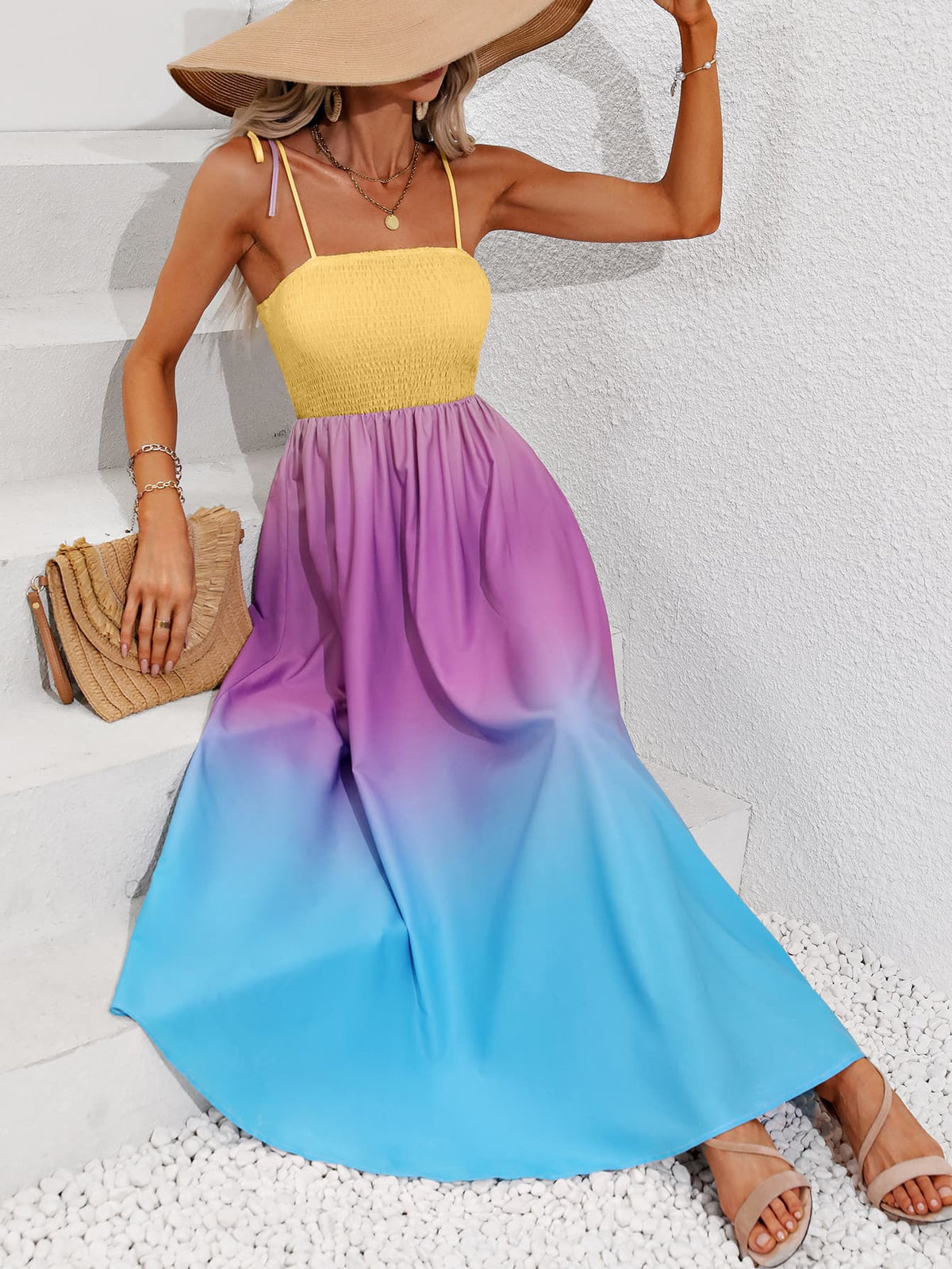 Honey Color Block Tie Shoulder Smocked Maxi Dress - Ladyez