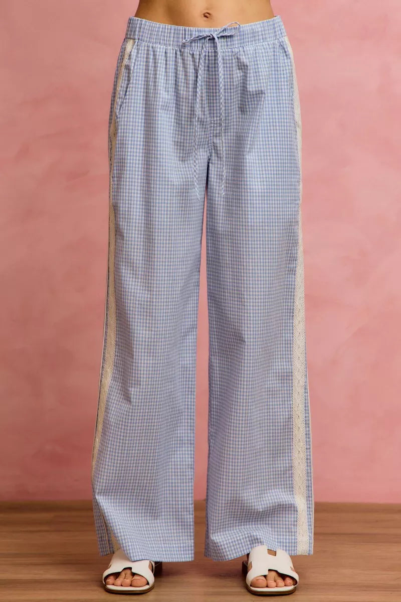SO ME Wide CheckPants With Side Lace Trim And Piping