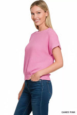 Zenana Round Neck Banded Botton Short Sleeve Sweater