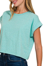 Zenana Rolled Sleeve Crop T-Shirt - Ladyez