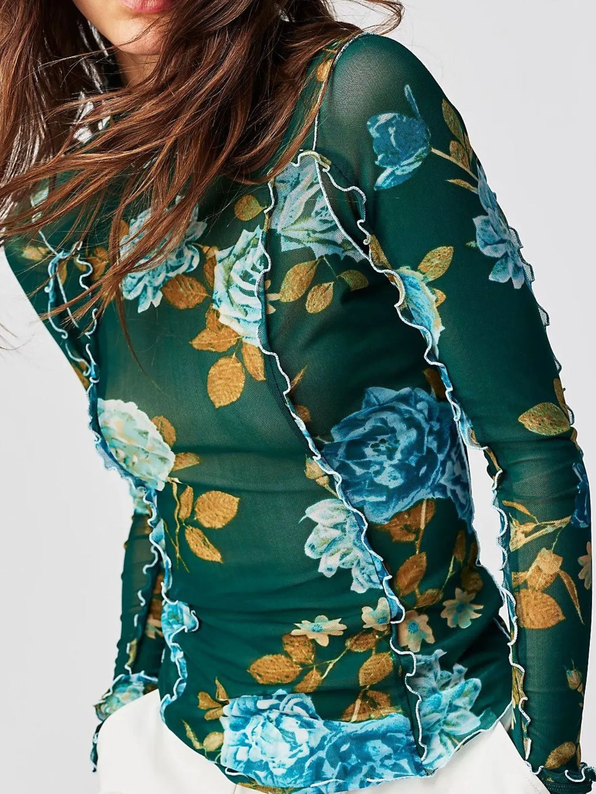 Floral Print Mock Neck Long Sleeve Top - Ladyez