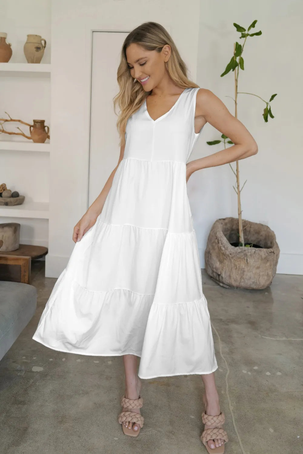 FAM-FAM Tiered V-Neck Sleeveless Dress - Ladyez