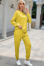 Round Neck Top and Drawstring Pants Lounge Set - Ladyez