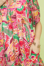 Umgee Abstract Print V-Neck Baby Doll Dress
