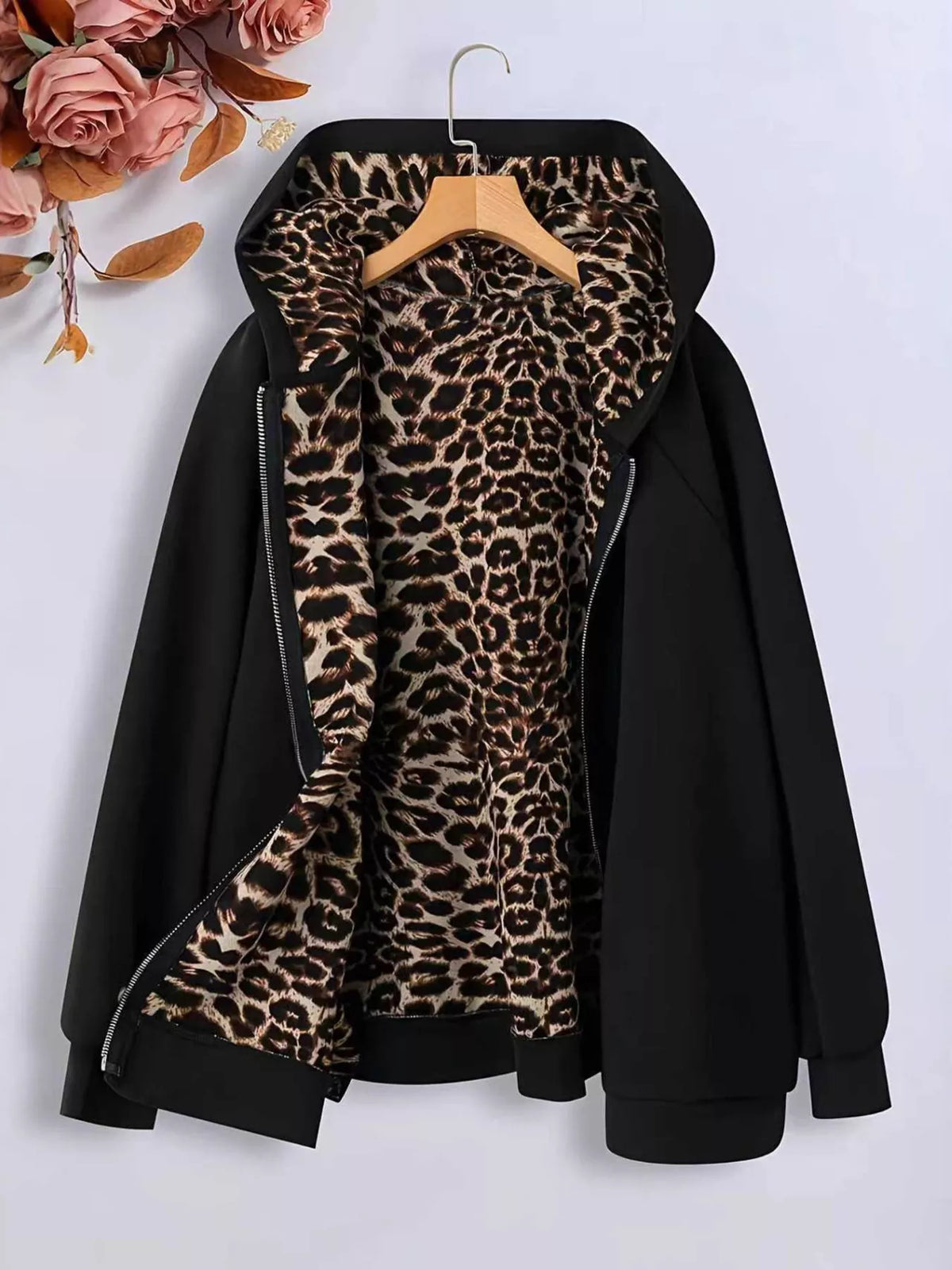 Hooded Leopard Lined Zip-Up Outerwear