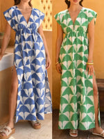Slit Printed V-Neck Cap Sleeve Maxi Dress - Ladyez