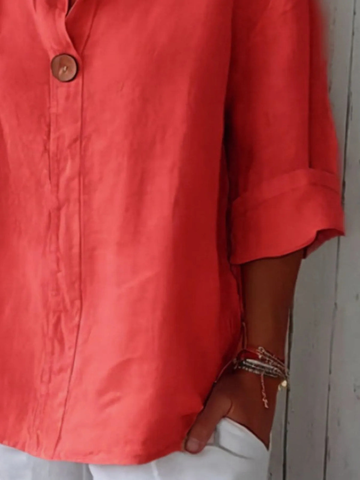 Full Size Linen Blend Notched Blouse Plus Size - Ladyez