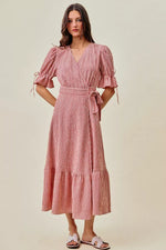 SO ME Stripe Textured Short Sleeves Lined Wrap Midi Dres