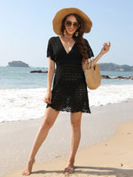 Openwork Plunge Short Sleeve Cover-Up Dress - Ladyez