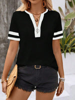 Striped Short Sleeve Half Zip Top - Ladyez
