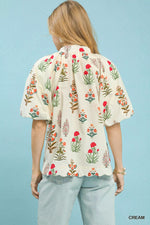Umgee Floral Print Puff Sleeve Scallop Hem Blouse