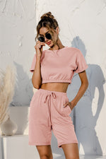 Short Sleeve Cropped Top and Drawstring Shorts Lounge Set - Ladyez