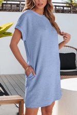 Solid Color Textured Crinkle Short Sleeve T Shirt Dress
