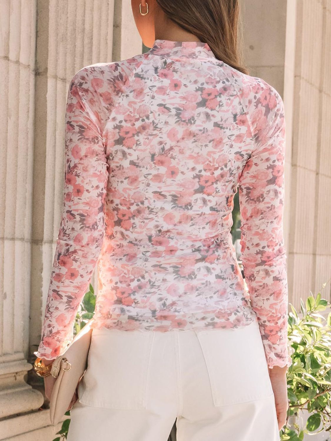 Floral Mock Neck Long Sleeve T-Shirt - Ladyez