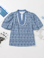 Printed Contrast Ric-Rac Puff Sleeve Top - Ladyez