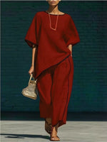 Full Size Contrast Trim Half Sleeve Top and Pants Set Plus Size