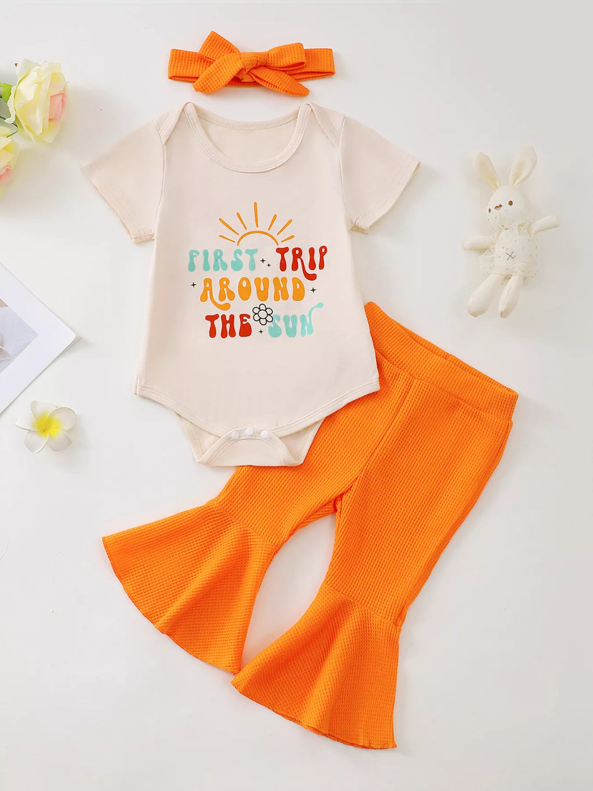 Children's Short Sleeve Bodysuit and Flare Pants Set with Headband