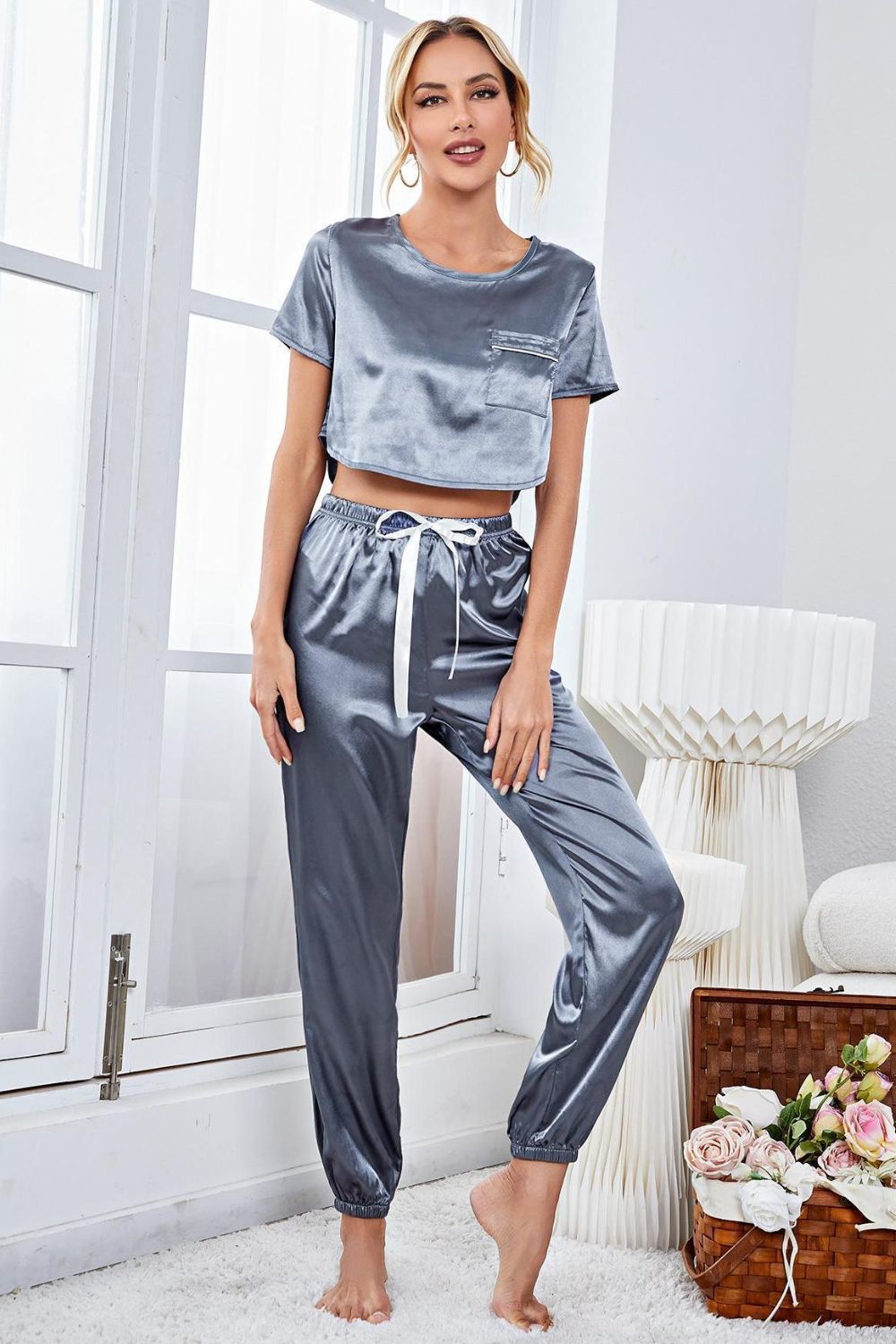 Satin Short Sleeve Crop Top and Joggers Lounge Set - Ladyez