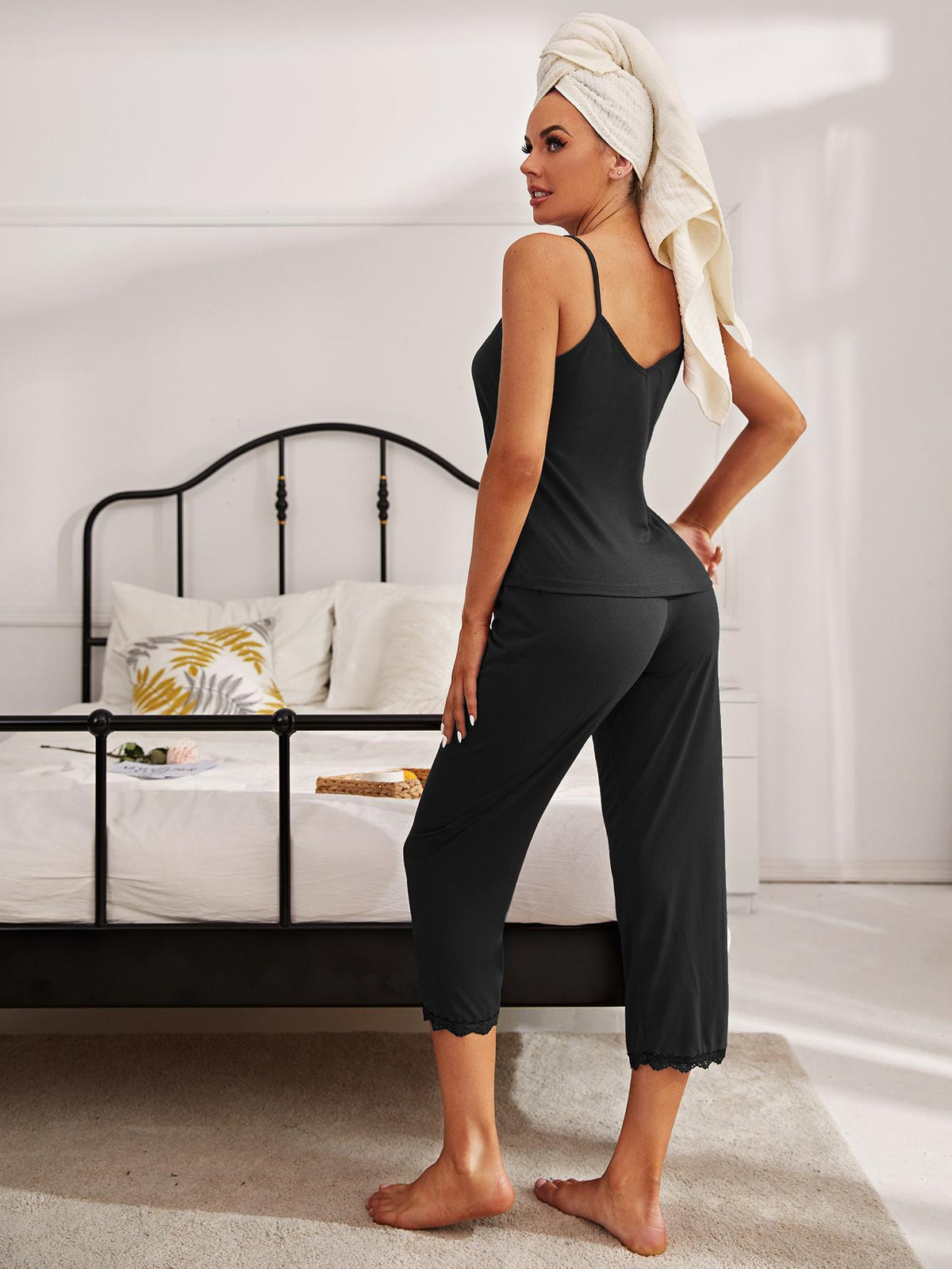 V-Neck Lace Trim Slit Cami and Pants Pajama Set - Ladyez
