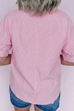 Striped Print Collar V Neck Short Sleeve Blouse