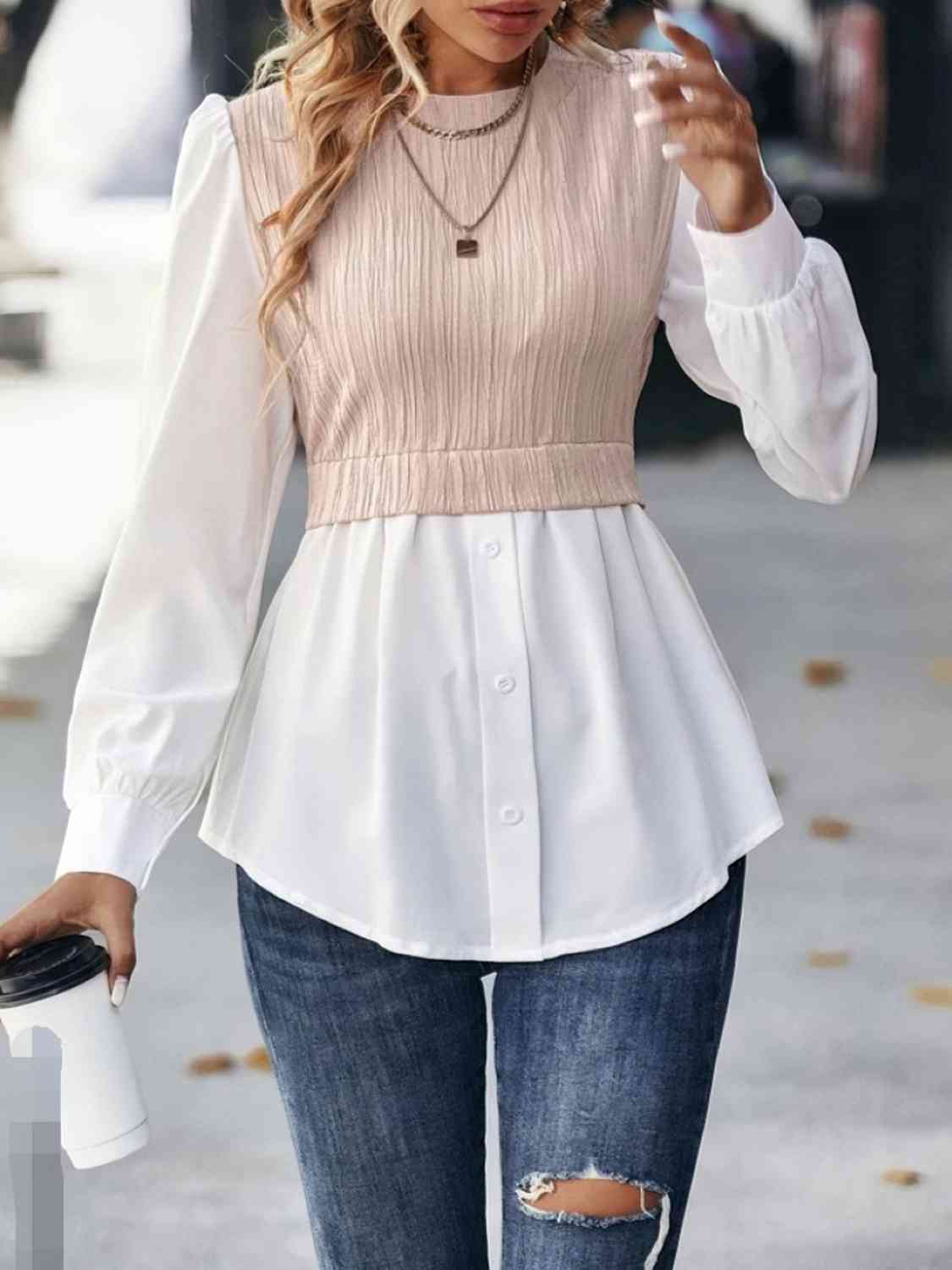 Contrast Round Neck Puff Sleeve Blouse - Ladyez