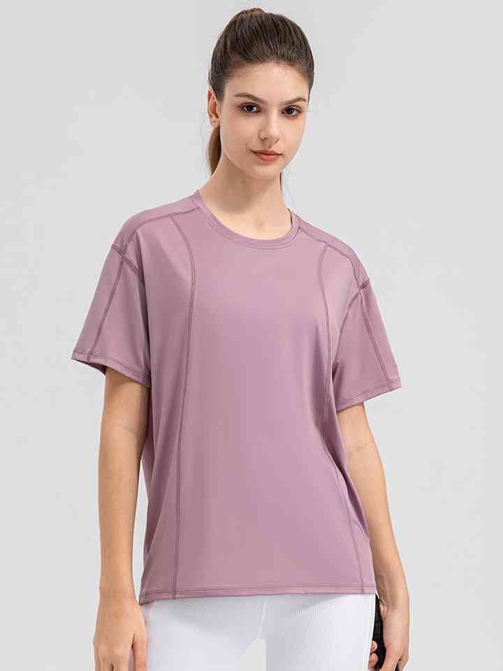 Round Neck Short Sleeve Active Top - Ladyez