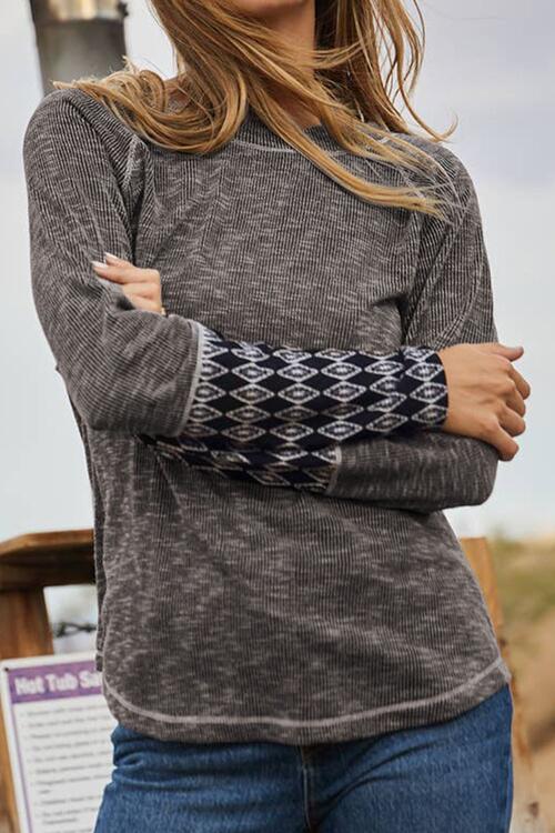 Geometric Round Neck Long Sleeve Top - Ladyez