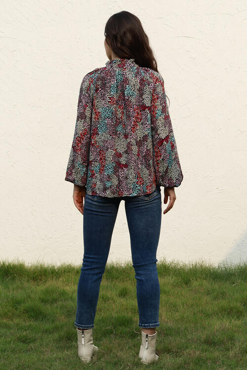 Tie Neck Heathered Balloon Sleeve Blouse - Ladyez