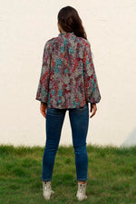 Tie Neck Heathered Balloon Sleeve Blouse - Ladyez