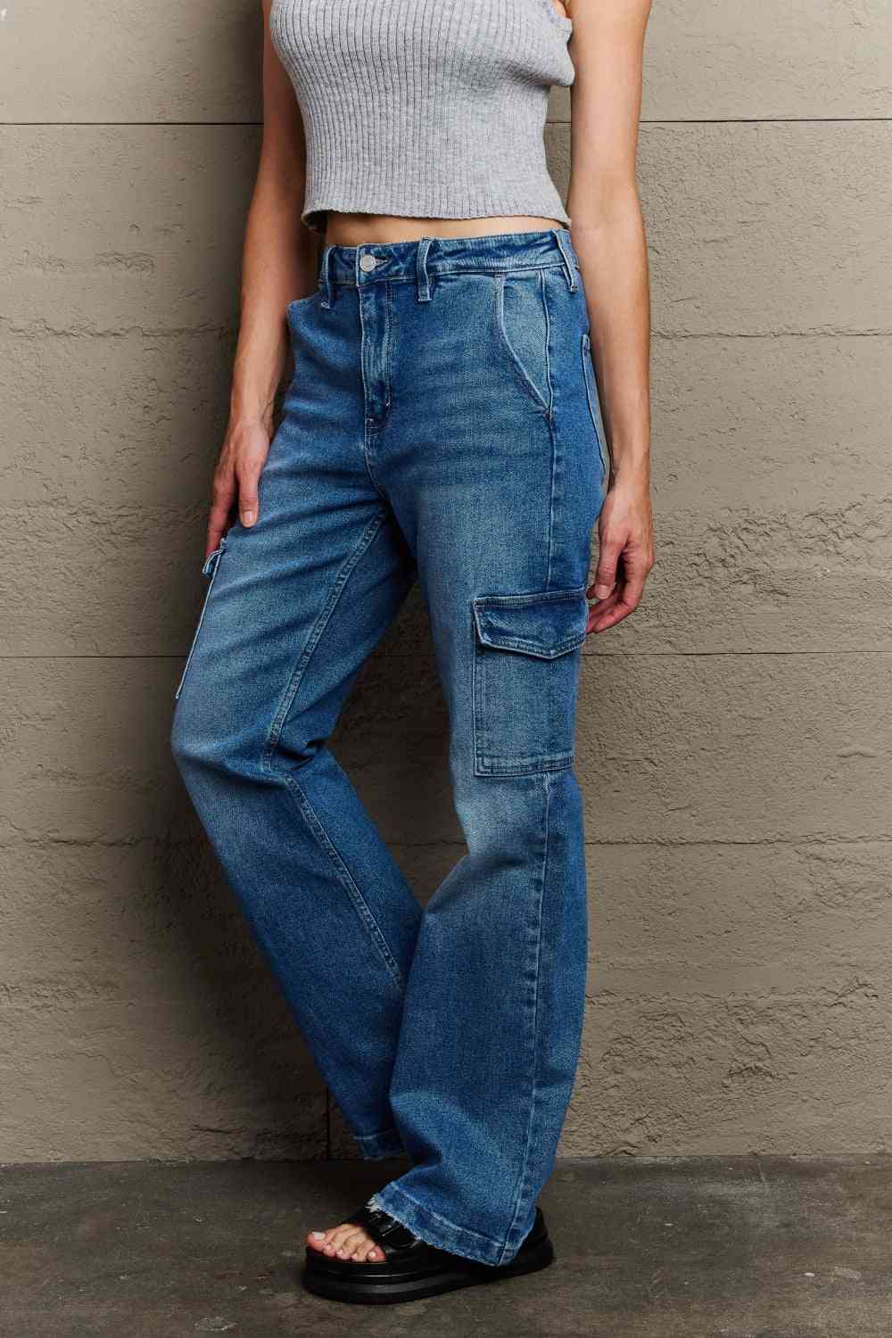 Kancan Holly High Waisted Cargo Flare Jeans - Ladyez