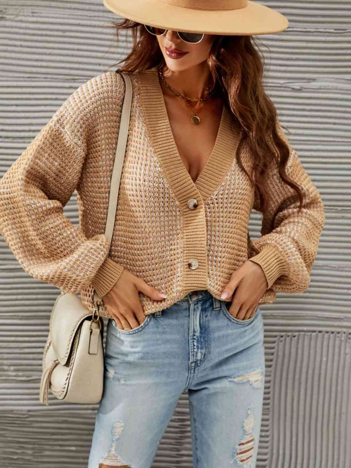 V-Neck Dropped Shoulder Cardigan - Ladyez