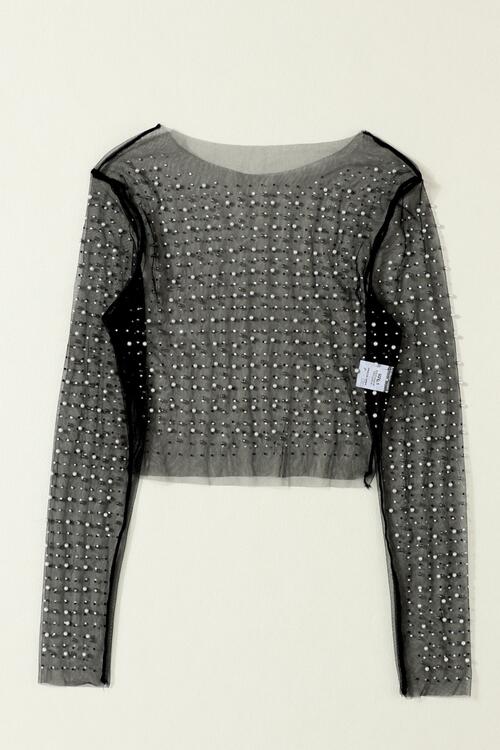 Pearl Long Sleeve Mesh Cropped Top - Ladyez