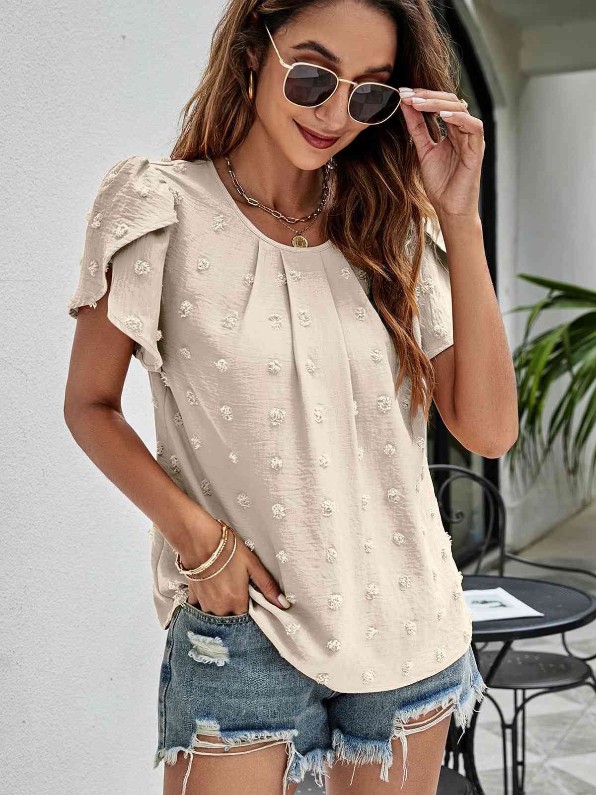 Swiss Dot Round Neck Petal Sleeve Top - Ladyez