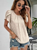Swiss Dot Round Neck Petal Sleeve Top - Ladyez