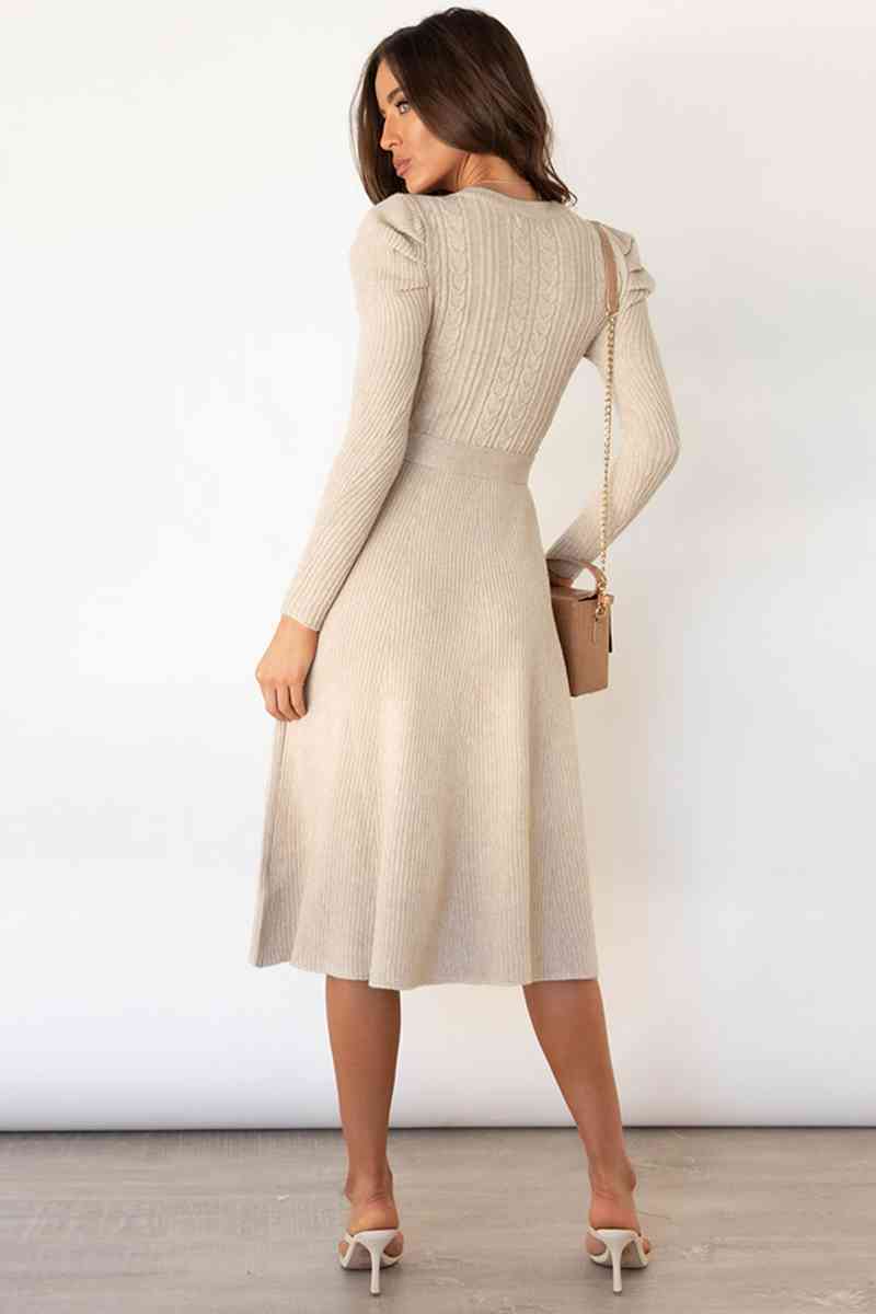 Round Neck Long Sleeve Tie Waist Sweater Dress - Ladyez
