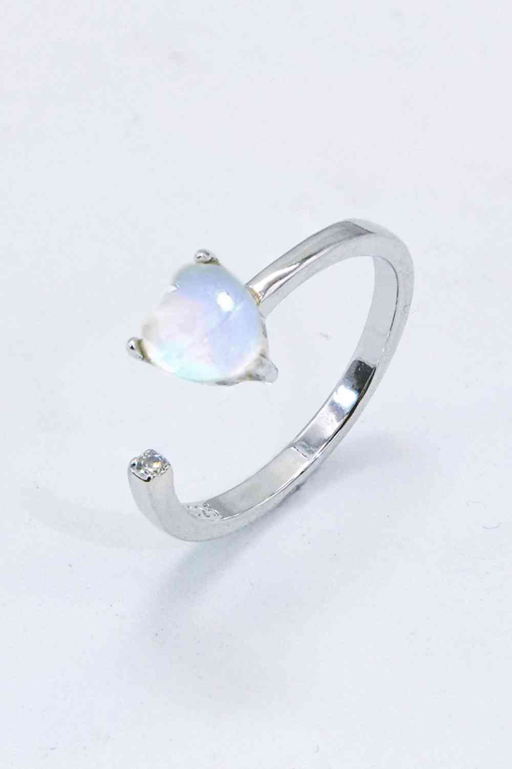 Inlaid Moonstone Heart Adjustable Open Ring - Ladyez