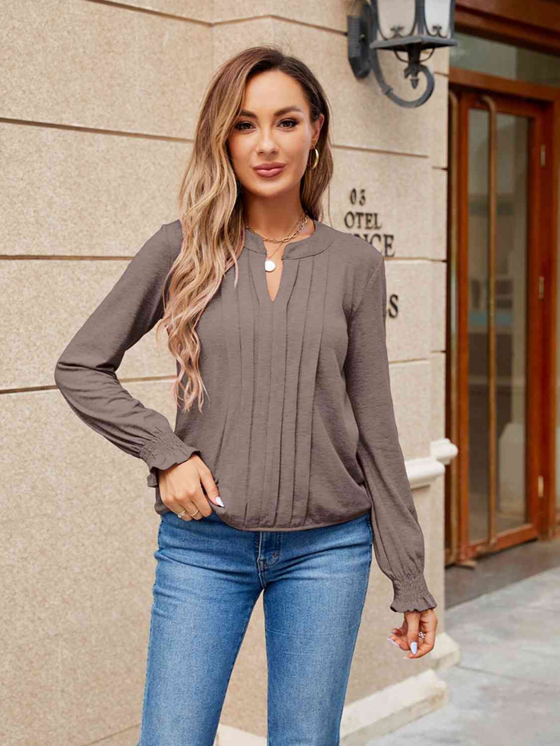 Pleated Notched Neck Flounce Sleeve Blouse - Ladyez
