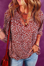 Printed Tie Neck Ballon Sleeve Blouse - Ladyez