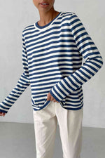 Striped Round Neck Long Sleeve Sweater - Ladyez