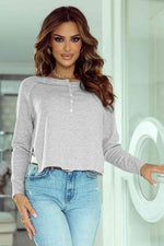 Buttoned Slit Long Sleeve Top - Ladyez
