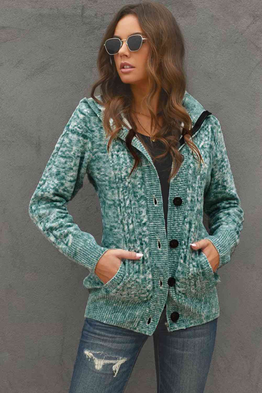 Cable-Knit Fleece Lining Button-Up Hooded Cardigan - Ladyez