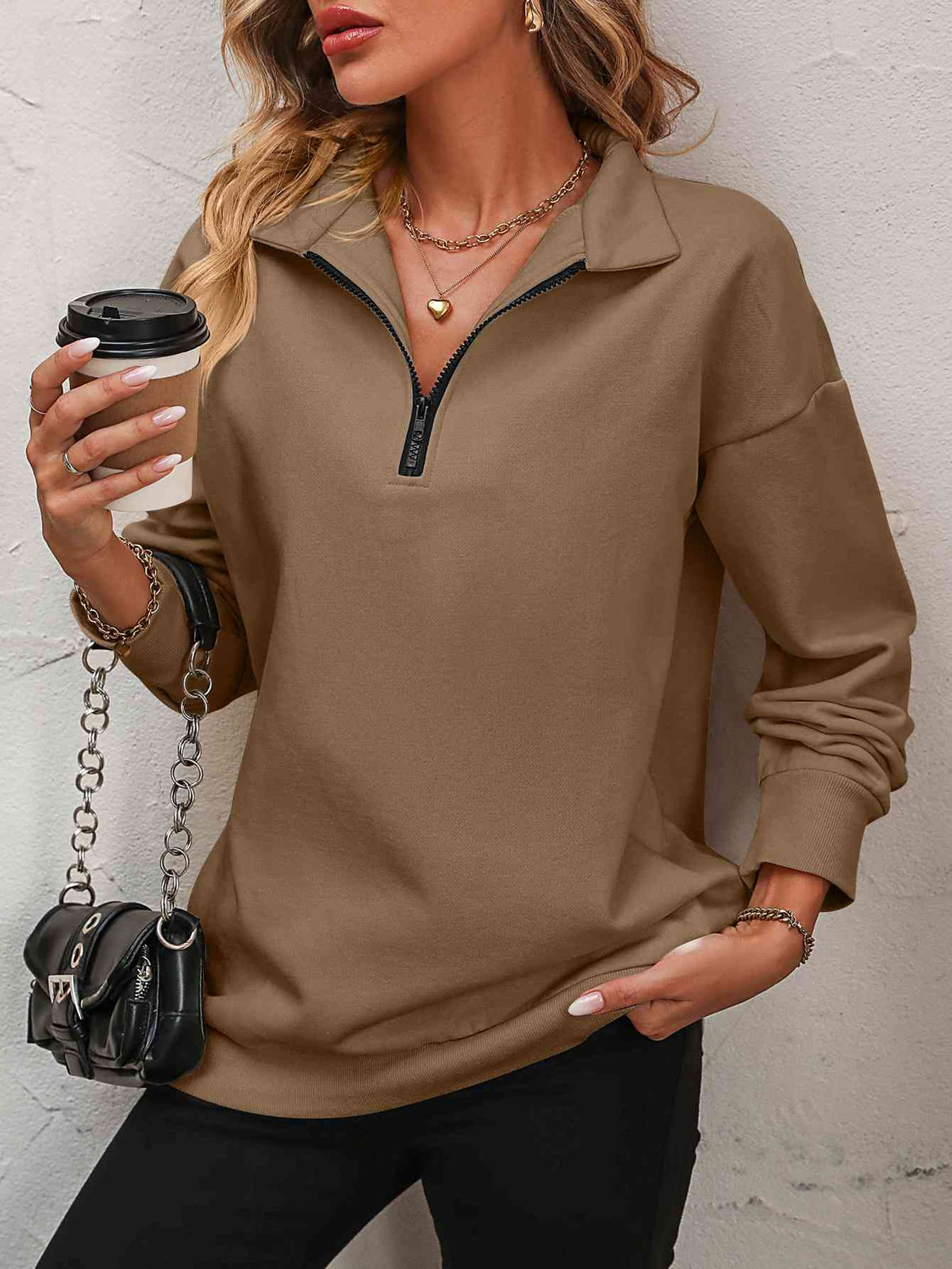 Zip-Up Dropped Shoulder Sweatshirt - Ladyez